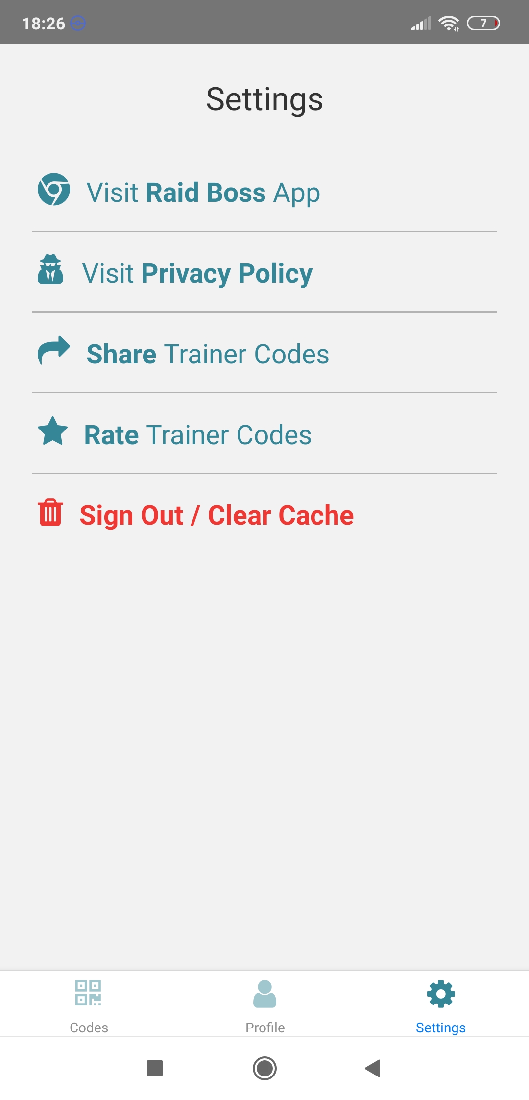 Trainer Codes Settings
